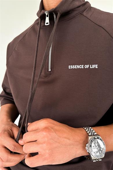 Kahverengi Fermuarlı EE Oversize Polo Yaka Tişört