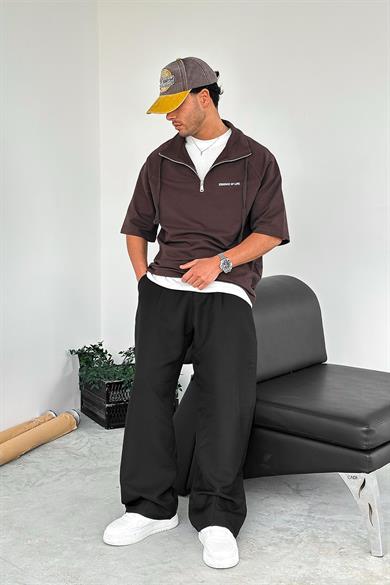 Kahverengi Fermuarlı EE Oversize Polo Yaka Tişört