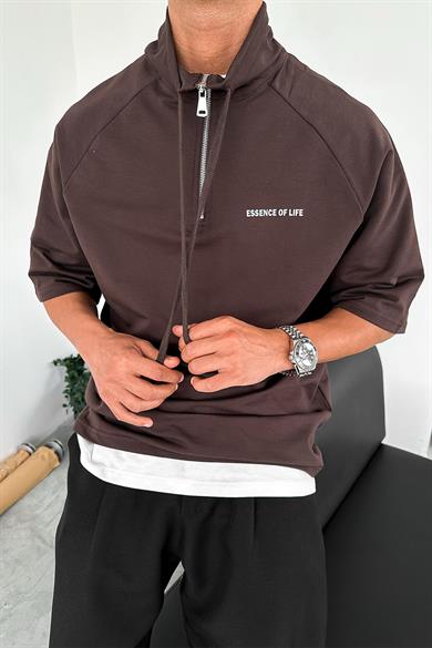 Kahverengi Fermuarlı EE Oversize Polo Yaka Tişört