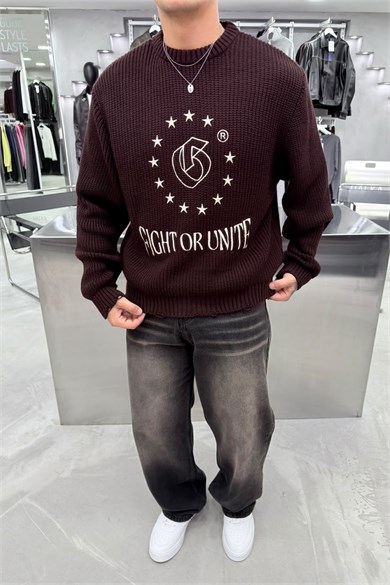Kahverengi Fight Nakışlı Boxy Fit Kazak