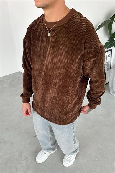 Kahverengi Fitilli Kadife Basic Sweat