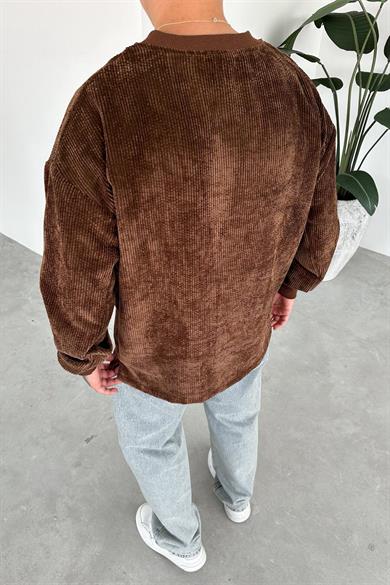 Kahverengi Fitilli Kadife Basic Sweat