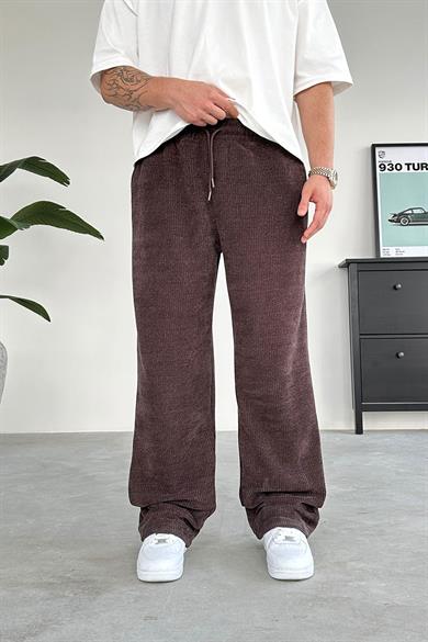 Kahverengi Fitilli Kadife Kumaş Baggy Pantolon