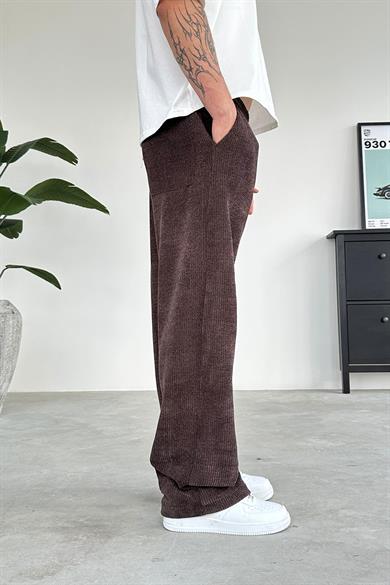 Kahverengi Fitilli Kadife Kumaş Baggy Pantolon