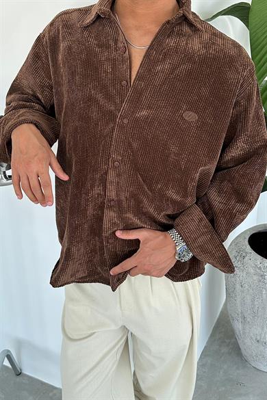 Kahverengi Fitilli Kadife Oversize Gömlek