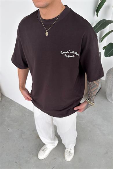 Kahverengi Forever Nakışlı Premium Oversize Tişört