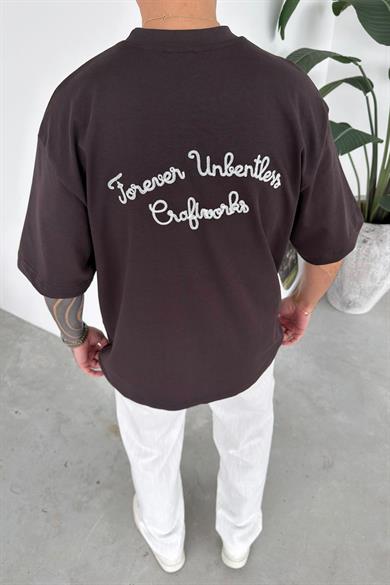 Kahverengi Forever Nakışlı Premium Oversize Tişört