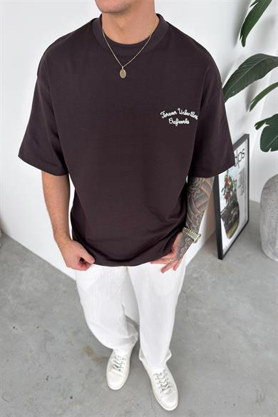 Kahverengi Forever Nakışlı Premium Oversize Tişört