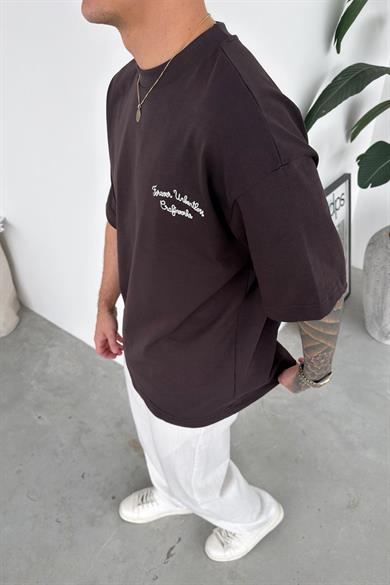Kahverengi Forever Nakışlı Premium Oversize Tişört