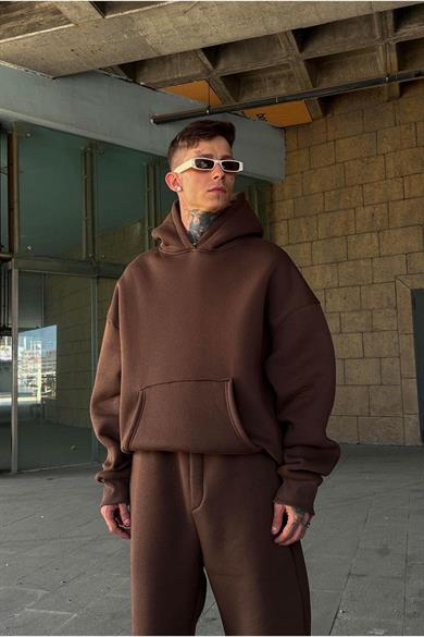 Kahverengi HAFKA PREMİUM 3 İplik Şardonlu Oversize Sweatshirt
