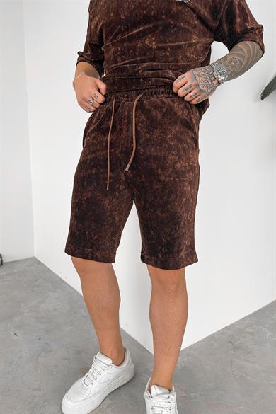 Kahverengi İnce Fitilli Batik Desen Relaxed Şort