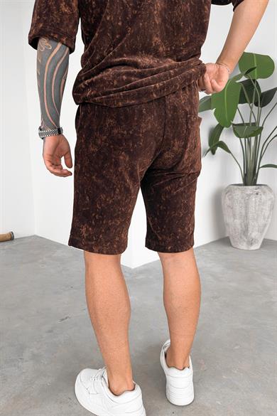 Kahverengi İnce Fitilli Batik Desen Relaxed Şort