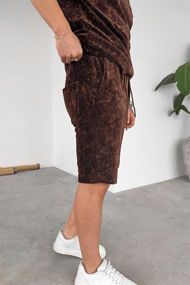 Kahverengi İnce Fitilli Batik Desen Relaxed Şort