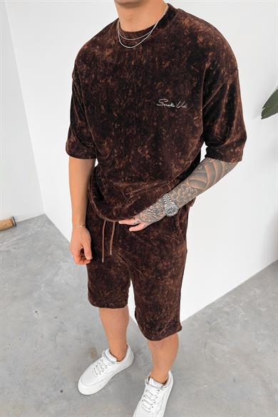 Kahverengi İnce Fitilli Batik Nakış Detay Oversize Tişört