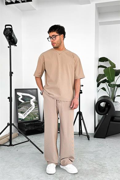 Kahverengi İnce Fitilli Oversize Tişört