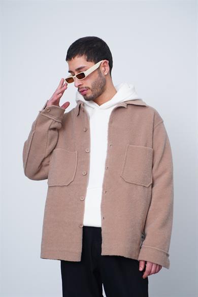 Kahverengi Kahverengi Ön Cep Detay GO Dokulu Kaşe Oversize Gömlek