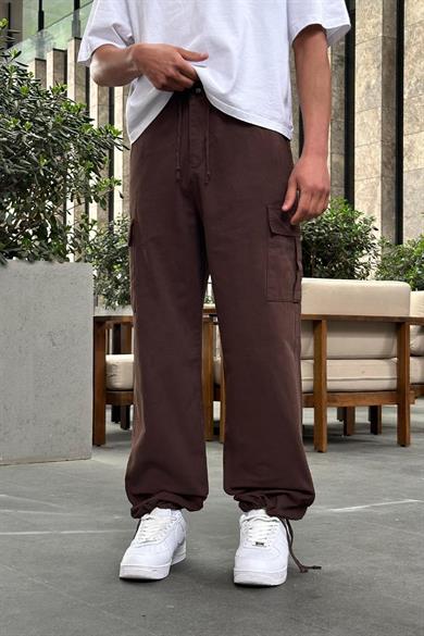 Kahverengi Kargo Cepli Bel İp Detaylı R2 DL Paçası Ayarlanabilir Baggy Pantolon