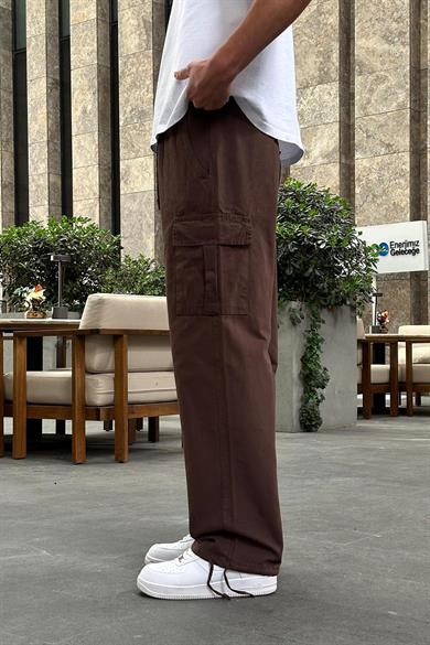 Kahverengi Kargo Cepli Bel İp Detaylı R2 DL Paçası Ayarlanabilir Baggy Pantolon