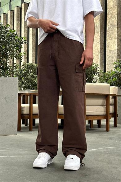 Kahverengi Kargo Cepli Bel İp Detaylı R2 DL Paçası Ayarlanabilir Baggy Pantolon
