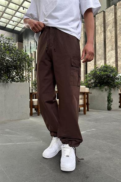 Kahverengi Kargo Cepli Bel İp Detaylı R2 DL Paçası Ayarlanabilir Baggy Pantolon