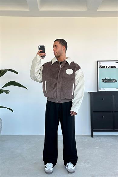 Kahverengi Kaşe Oversize Bomber Ceket