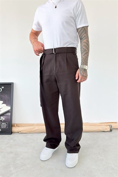 Kahverengi Kemer Detaylı Baggy Keten Pantolon