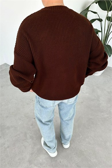 Kahverengi Los Angeles Nakış Oversize Triko Kazak