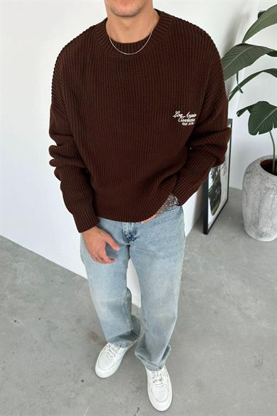 Kahverengi Los Angeles Nakış Oversize Triko Kazak