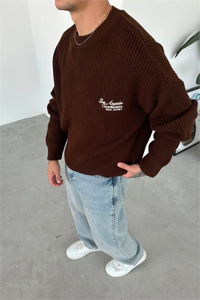 Kahverengi Los Angeles Nakış Oversize Triko Kazak
