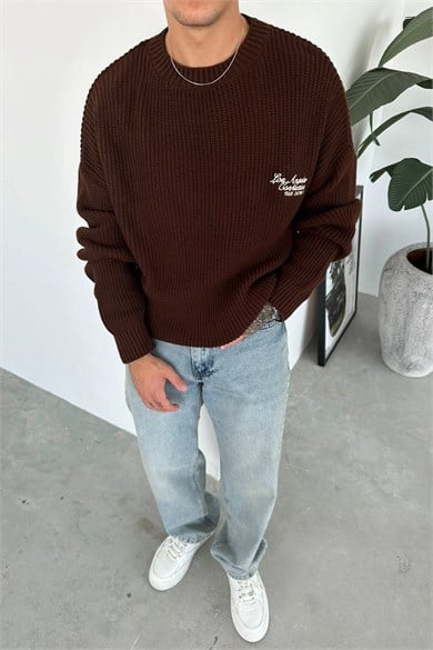 Kahverengi Los Angeles Nakış Oversize Triko Kazak