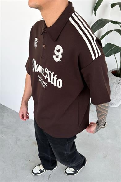 Kahverengi Monte Baskılı Oversize Polo Yaka Tişört