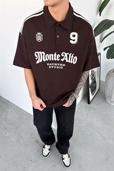 Kahverengi Monte Baskılı Oversize Polo Yaka Tişört