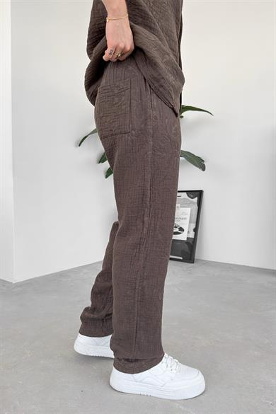 Kahverengi Müslin Flower Kabartma Detay Baggy Pantolon