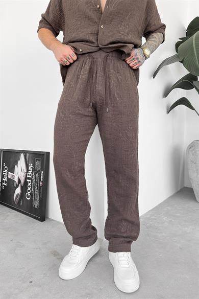 Kahverengi Müslin Flower Kabartma Detay Baggy Pantolon