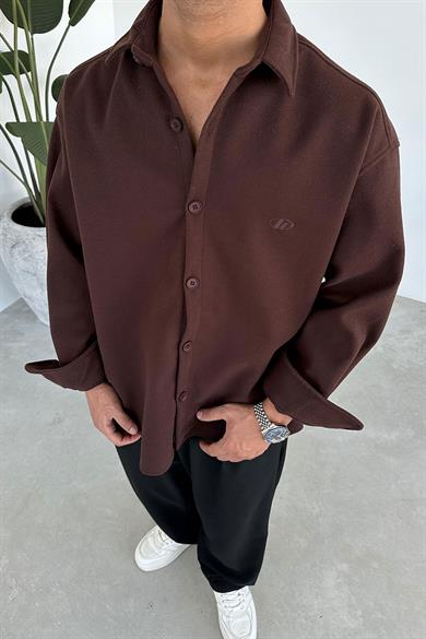 Kahverengi Nakış Detaylı Oversize Kaşe Gömlek