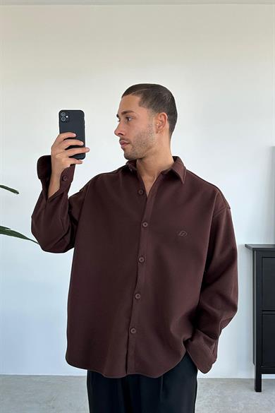 Kahverengi Nakış Detaylı Oversize Kaşe Gömlek