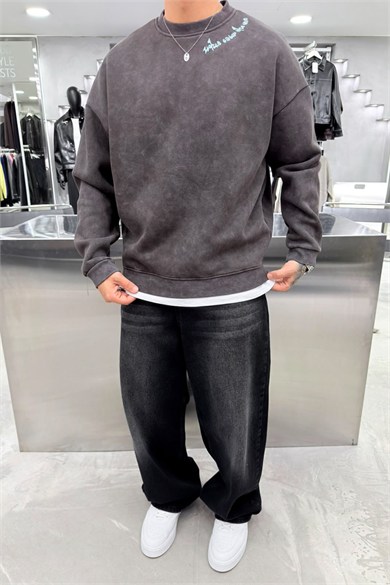 Kahverengi Nakış Detaylı Yıkamalı Sweatshirt
