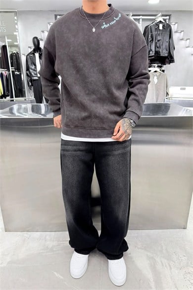 Kahverengi Nakış Detaylı Yıkamalı Sweatshirt