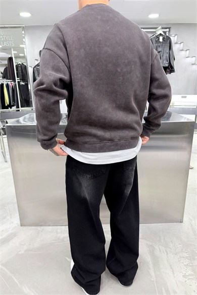 Kahverengi Nakış Detaylı Yıkamalı Sweatshirt