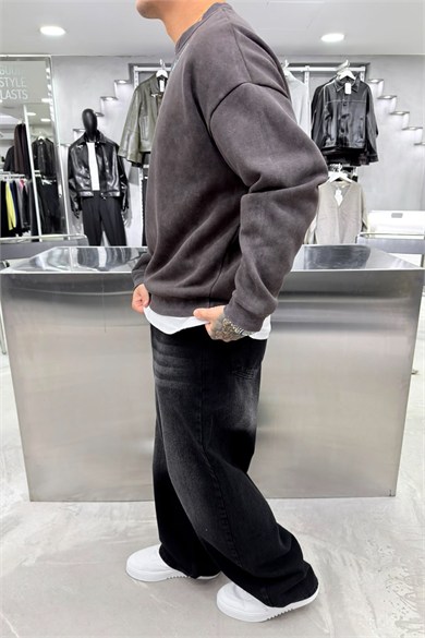 Kahverengi Nakış Detaylı Yıkamalı Sweatshirt