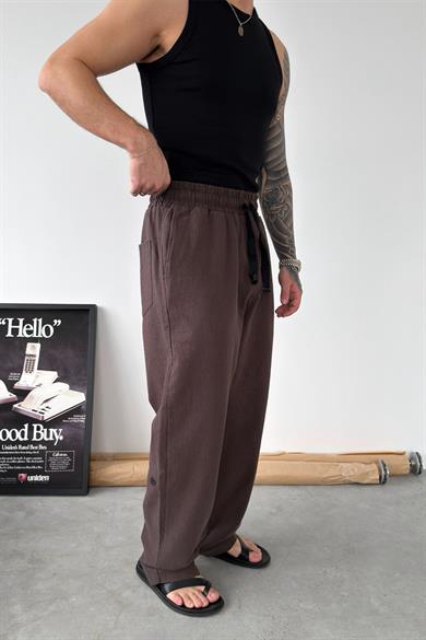 Kahverengi Nakışlı Baggy Keten Pantolon