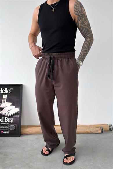 Kahverengi Nakışlı Baggy Keten Pantolon