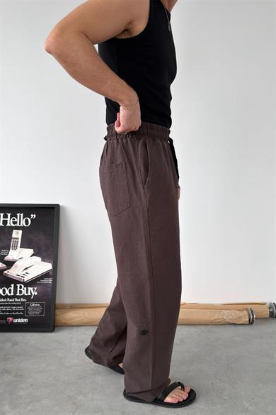 Kahverengi Nakışlı Baggy Keten Pantolon