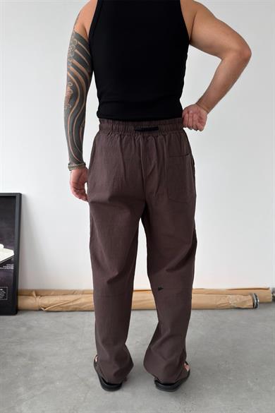 Kahverengi Nakışlı Baggy Keten Pantolon