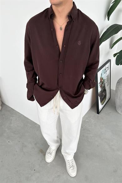 Kahverengi Nakışlı Oversize Modal Gömlek