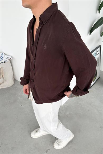 Kahverengi Nakışlı Oversize Modal Gömlek