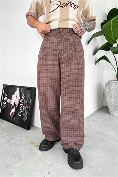 Kahverengi Old Money Pileli Ekose Baggy Pantolon