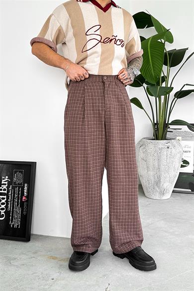 Kahverengi Old Money Pileli Ekose Baggy Pantolon