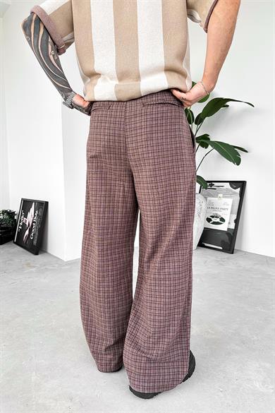 Kahverengi Old Money Pileli Ekose Baggy Pantolon