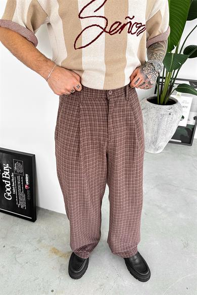 Kahverengi Old Money Pileli Ekose Baggy Pantolon